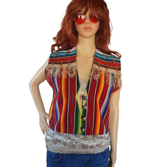 Handmade Southwestern Striped Fringe Vest with Metal Crosses Women's Estimated M - Picture 1 of 12
